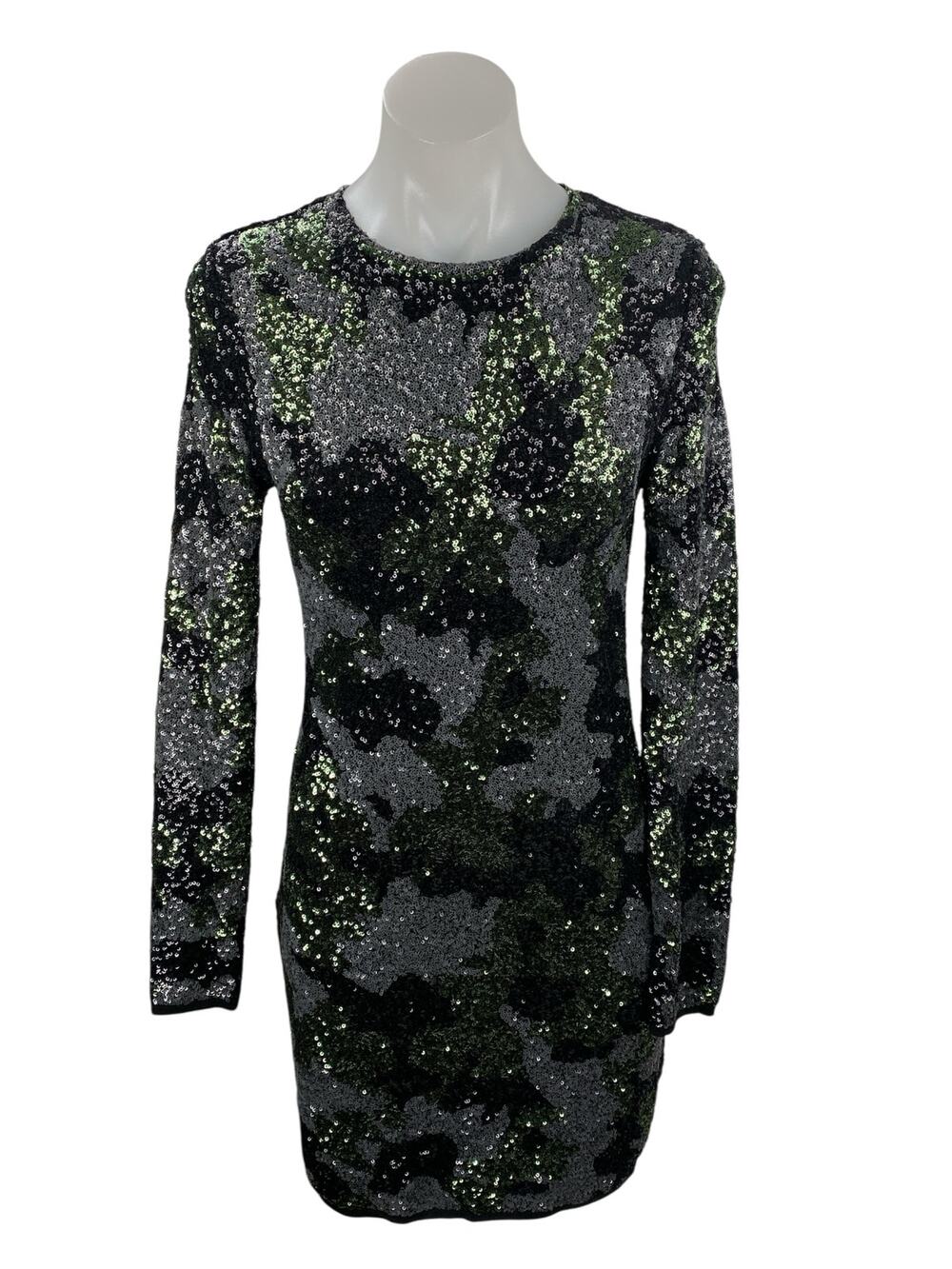 Zara Black Green Camo Sequin Sparkly Long Sleeve Crew Neck Mini Bodycon Dress M